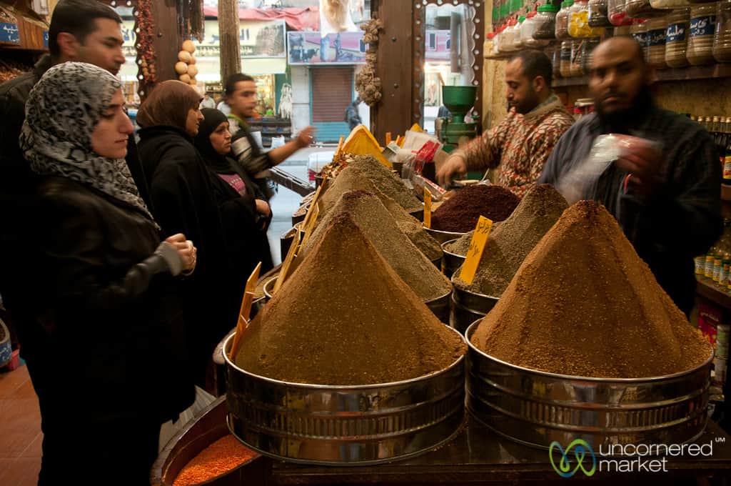 A busy spice shop in downtown Amman, Jordan. 