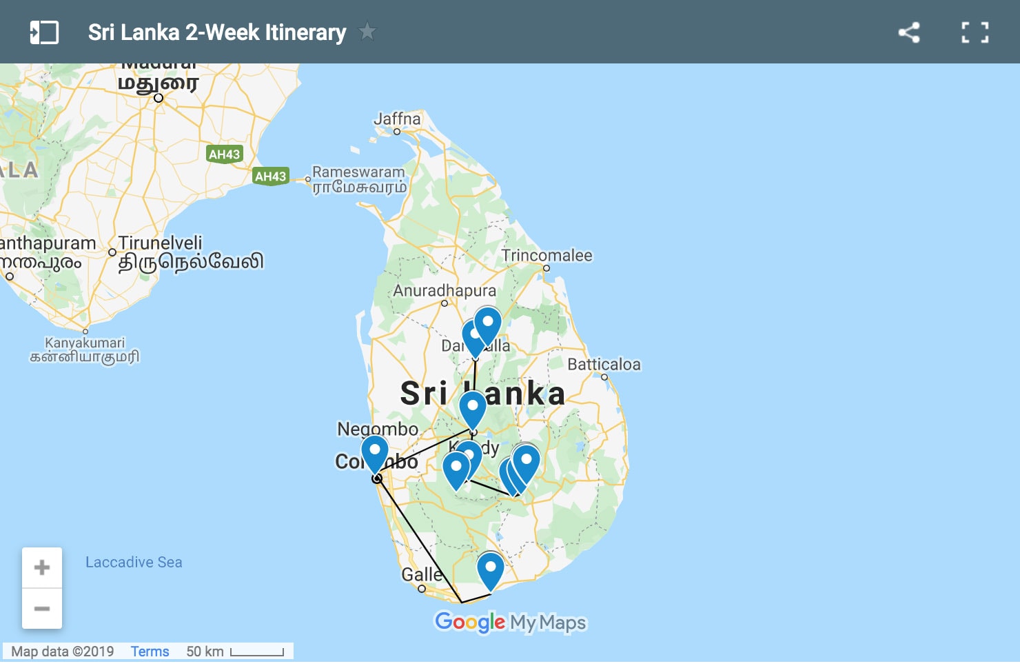 Sri Lanka 2-Week Itinerary Map